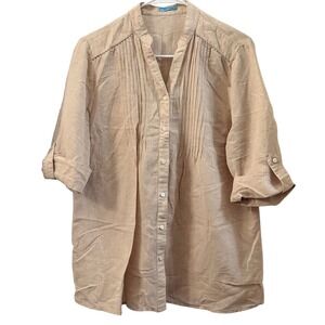 J. McLaughlin Linen Cotton Blend Tan Pleated V-Neck Button Front Shirt Women M